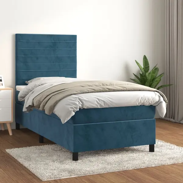 Gossi pat box spring cu saltea, albastru inchis, 90x190 cm, catifea