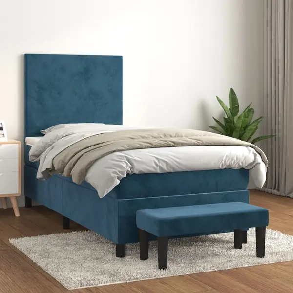 Gossi pat box spring cu saltea, albastru inchis, 90x190 cm, catifea