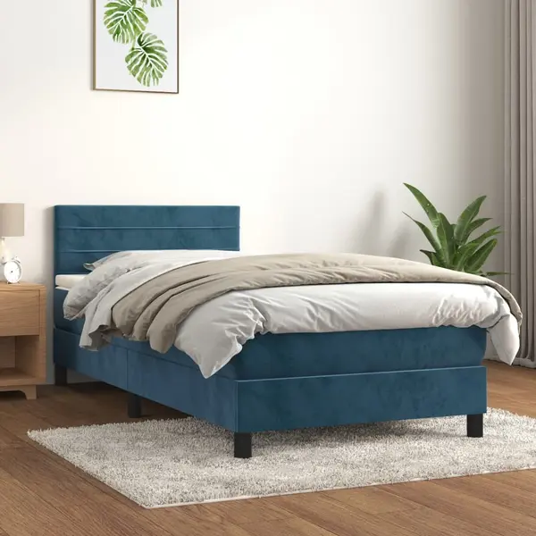 Gossi pat box spring cu saltea, albastru inchis, 90x190 cm, catifea