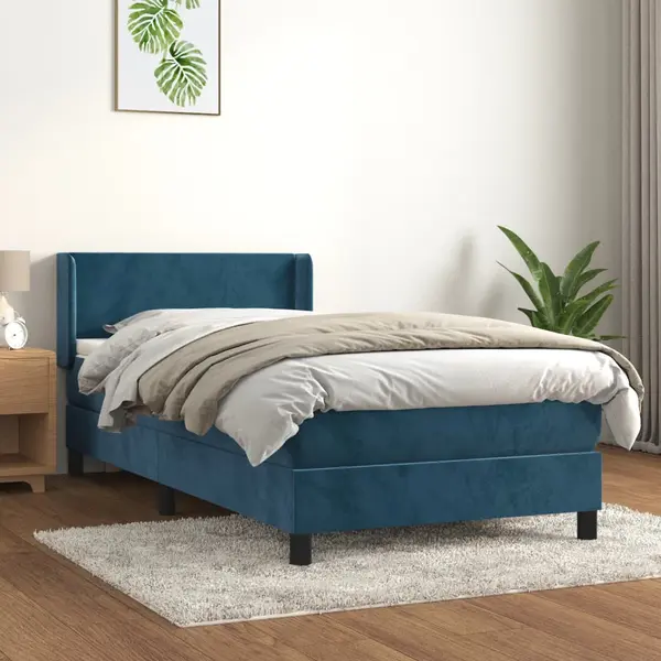 Gossi pat box spring cu saltea, albastru inchis, 90x190 cm, catifea