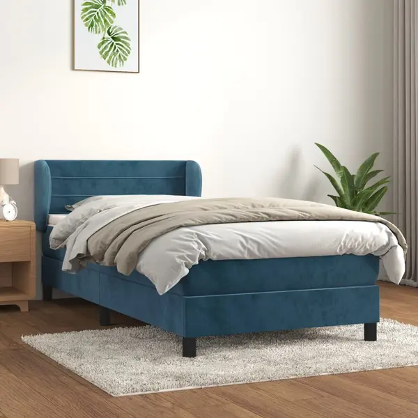 Gossi pat box spring cu saltea, albastru inchis, 90x190 cm, catifea