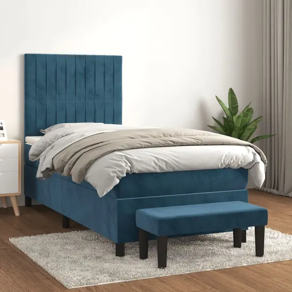 Gossi pat box spring cu saltea, albastru inchis, 90x190 cm, catifea