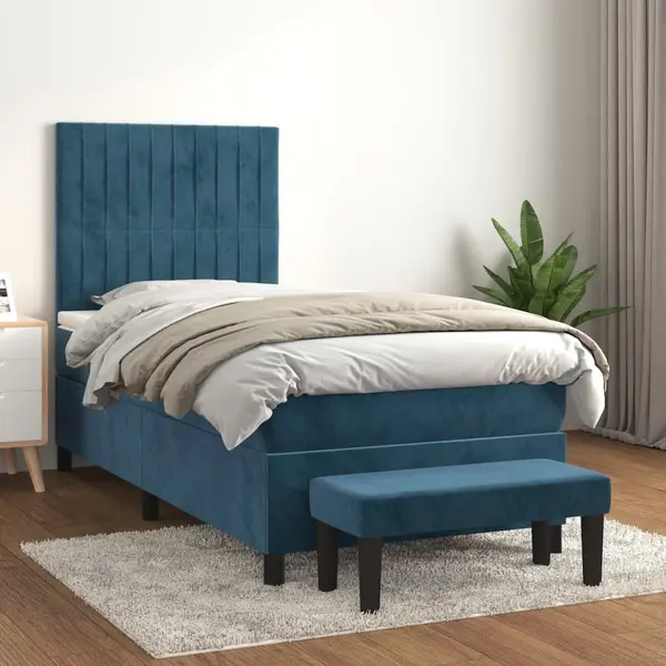 Gossi pat box spring cu saltea, albastru inchis, 90x200 cm, catifea