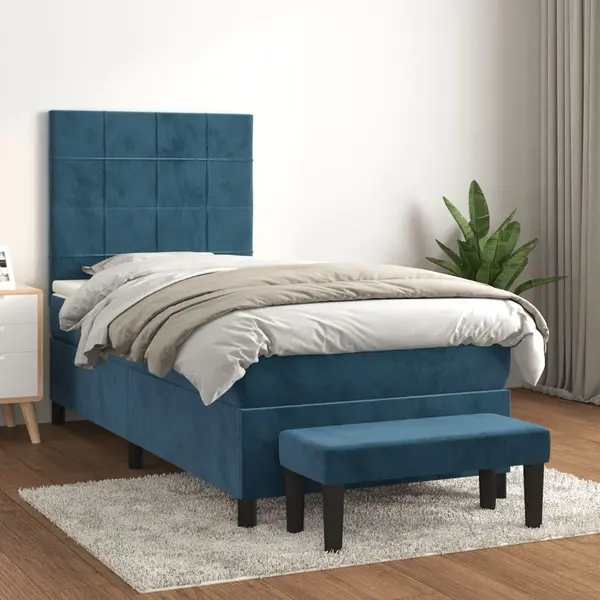 Gossi pat box spring cu saltea, albastru inchis, 90x200 cm, catifea