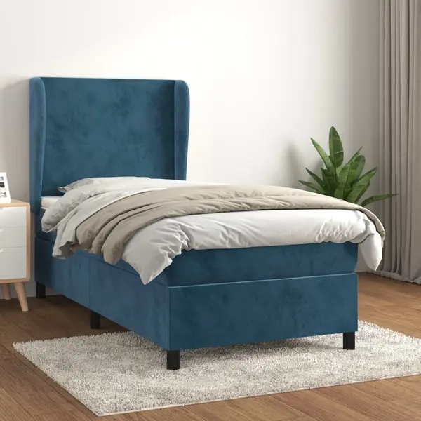 Gossi pat box spring cu saltea, albastru inchis, 90x200 cm, catifea