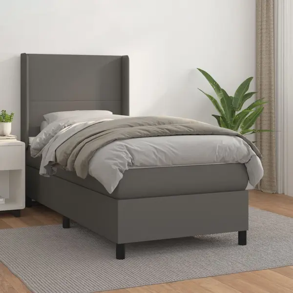 Gossi pat box spring cu saltea, gri, 100x200 cm, piele ecologica
