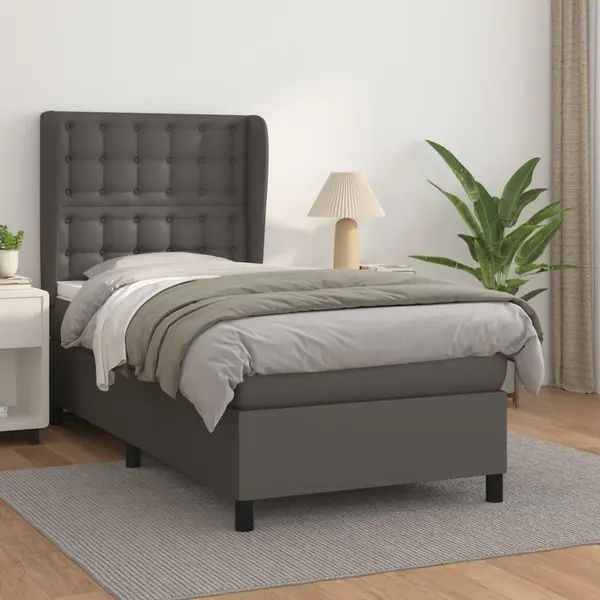 Gossi pat box spring cu saltea, gri, 100x200 cm, piele ecologica