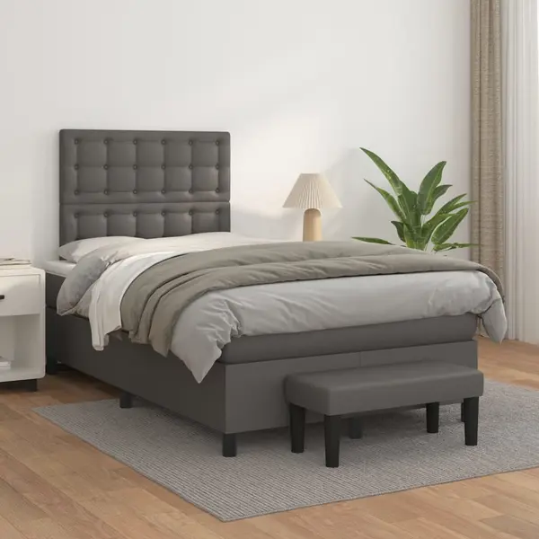 Gossi pat box spring cu saltea, gri, 120x200 cm, piele ecologica