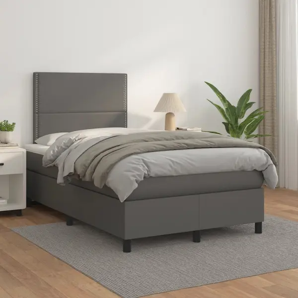 Gossi pat box spring cu saltea, gri, 120x200 cm, piele ecologica