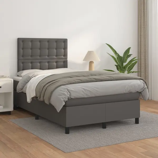 Gossi pat box spring cu saltea, gri, 120x200 cm, piele ecologica