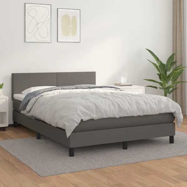 Gossi pat box spring cu saltea, gri, 140x190 cm, piele ecologica