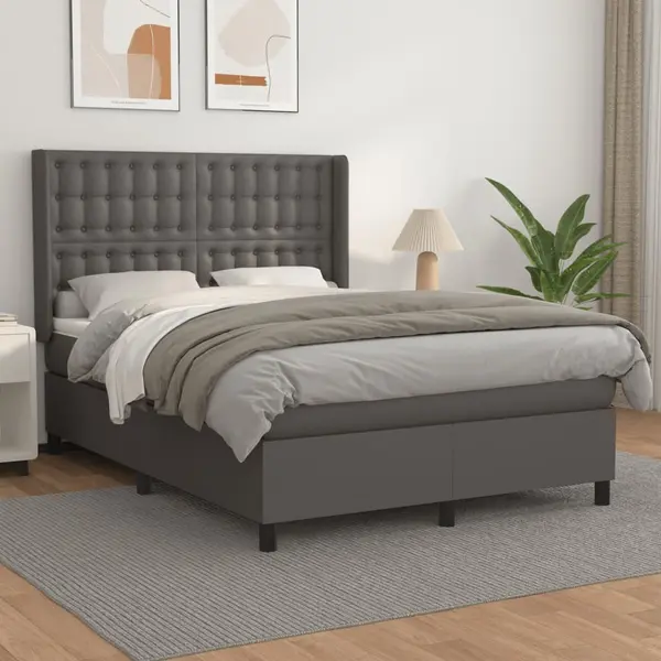 Gossi pat box spring cu saltea, gri, 140x200 cm, piele ecologica