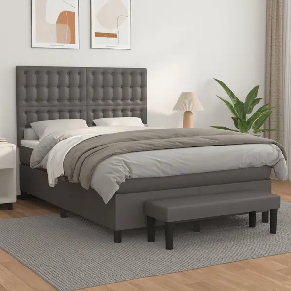 Gossi pat box spring cu saltea, gri, 140x200 cm, piele ecologica