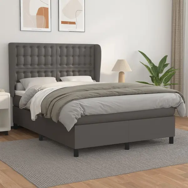 Gossi pat box spring cu saltea, gri, 140x200 cm, piele ecologica