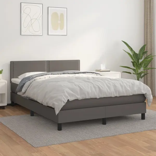 Gossi pat box spring cu saltea, gri, 140x200 cm, piele ecologica