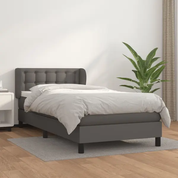 Gossi pat box spring cu saltea, gri, 80x200 cm, piele ecologica