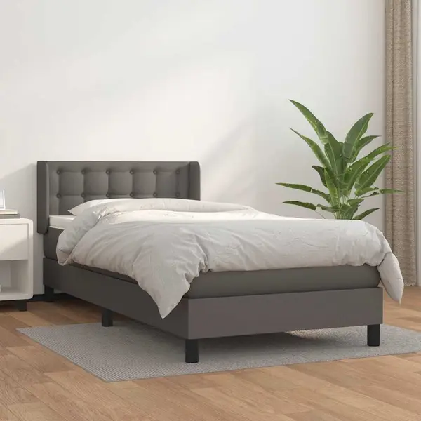 Gossi pat box spring cu saltea, gri, 80x200 cm, piele ecologica