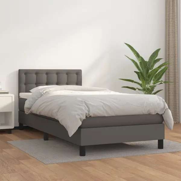 Gossi pat box spring cu saltea, gri, 80x200 cm, piele ecologica