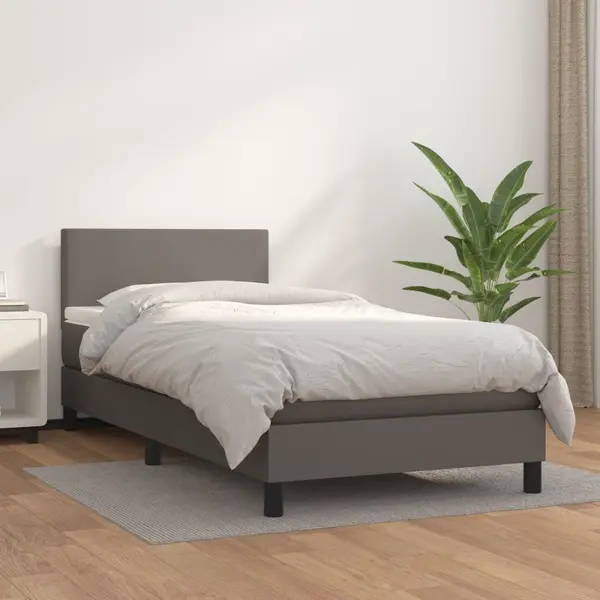 Gossi pat box spring cu saltea, gri, 90x190 cm, piele ecologica