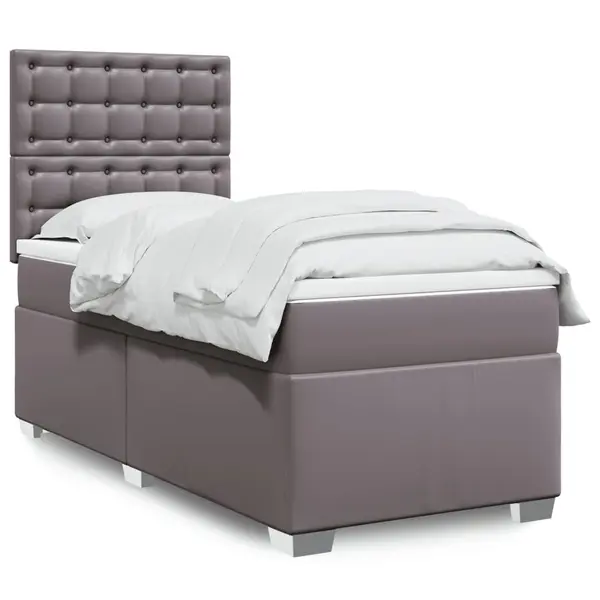 Gossi pat box spring cu saltea, gri, 90x190 cm, piele ecologica