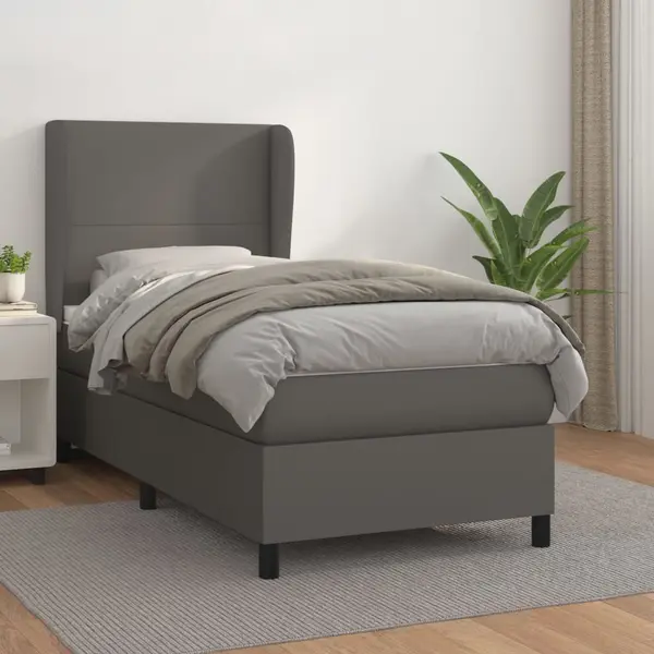 Gossi pat box spring cu saltea, gri, 90x200 cm, piele ecologica