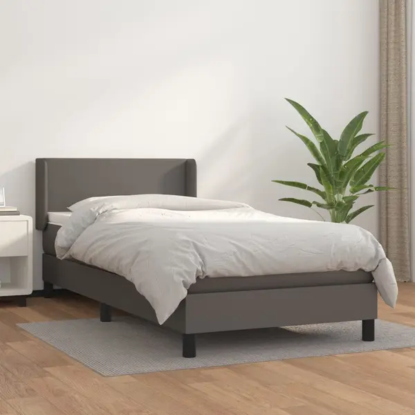 Gossi pat box spring cu saltea, gri, 90x200 cm, piele ecologica