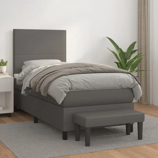 Gossi pat box spring cu saltea, gri, 90x200 cm, piele ecologica