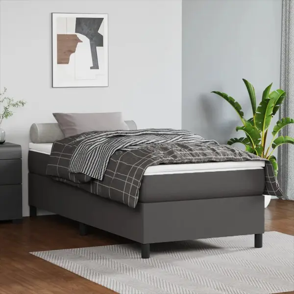 Gossi pat box spring cu saltea, gri, 90x200 cm, piele ecologica
