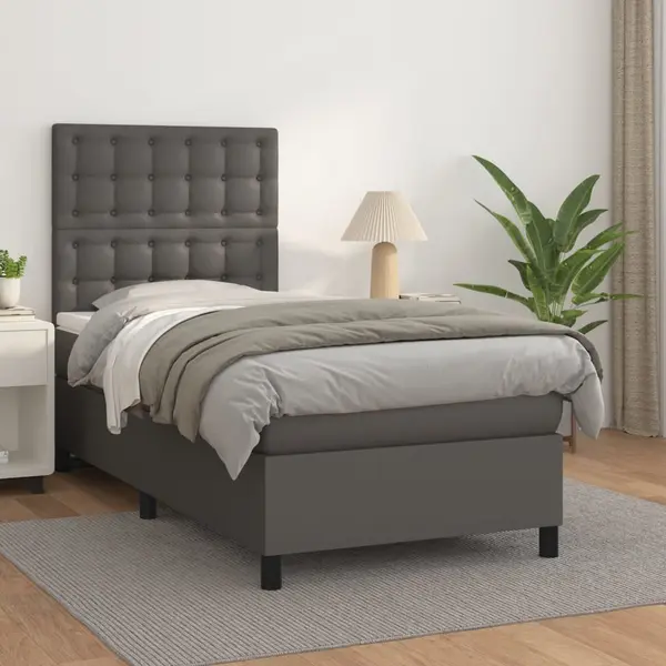 Gossi pat box spring cu saltea, gri, 90x200 cm, piele ecologica