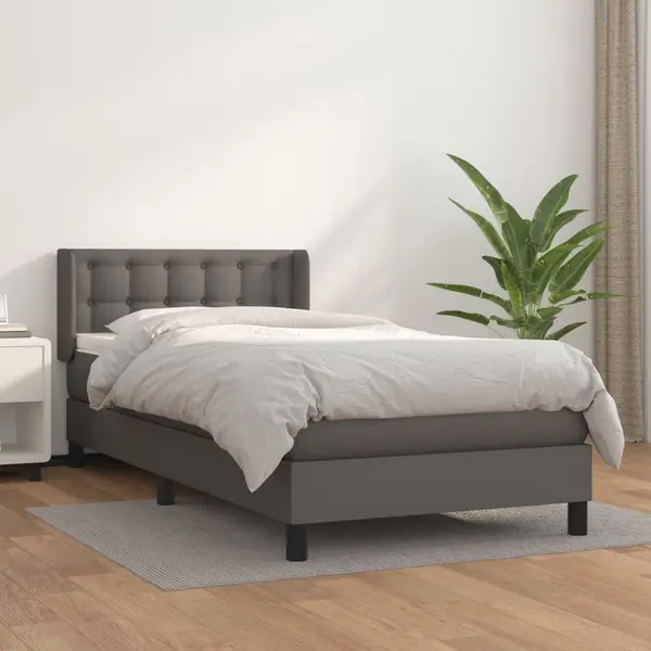 Gossi pat box spring cu saltea, gri, 90x200 cm, piele ecologica