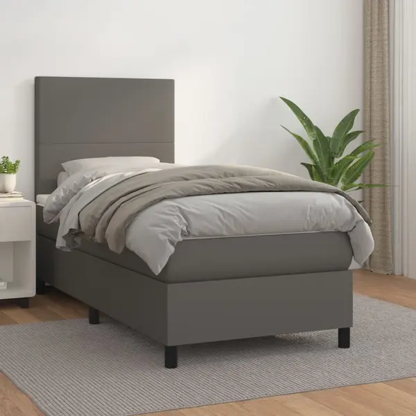 Gossi pat box spring cu saltea, gri, 90x200 cm, piele ecologica