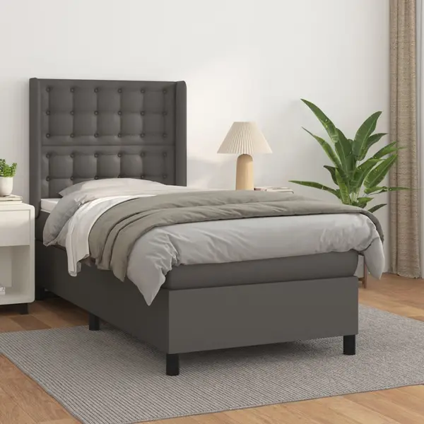 Gossi pat box spring cu saltea, gri, 90x200 cm, piele ecologica