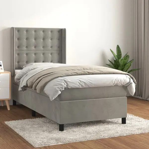 Gossi pat box spring cu saltea, gri deschis, 100x200 cm, catifea