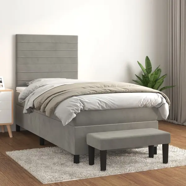 Gossi pat box spring cu saltea, gri deschis, 100x200 cm, catifea