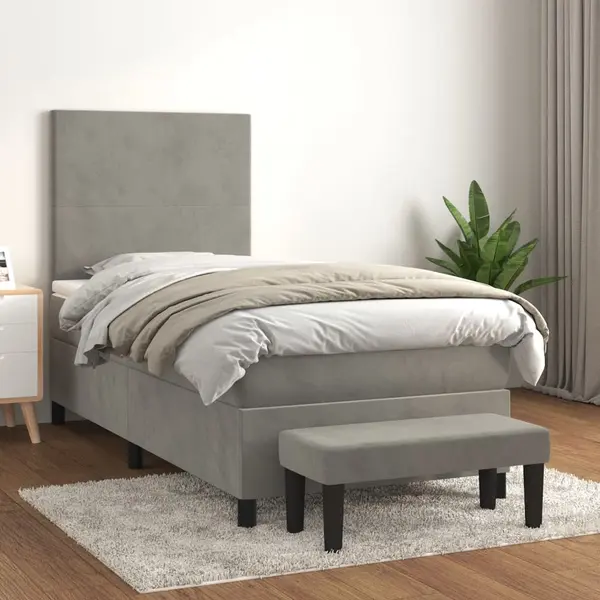 Gossi pat box spring cu saltea, gri deschis, 100x200 cm, catifea