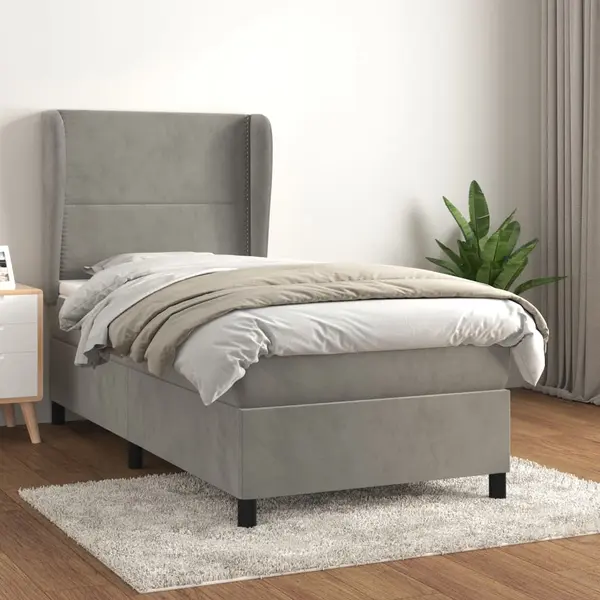 Gossi pat box spring cu saltea, gri deschis, 100x200 cm, catifea