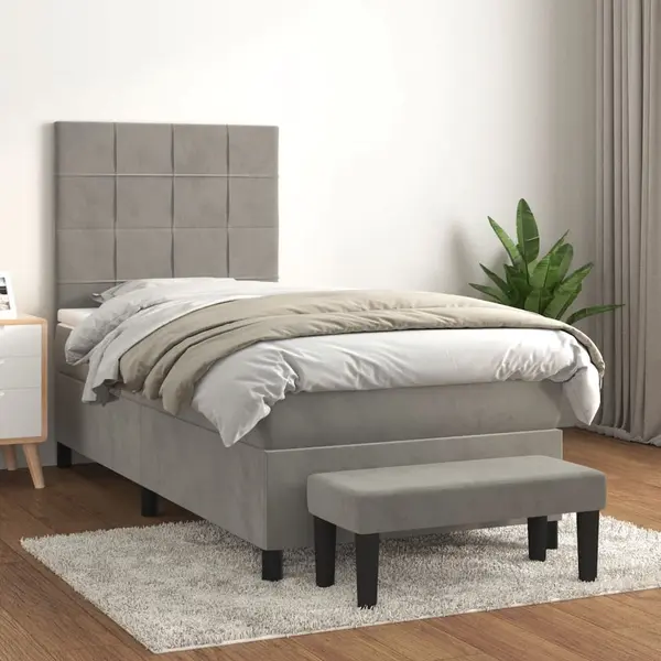 Gossi pat box spring cu saltea, gri deschis, 100x200 cm, catifea