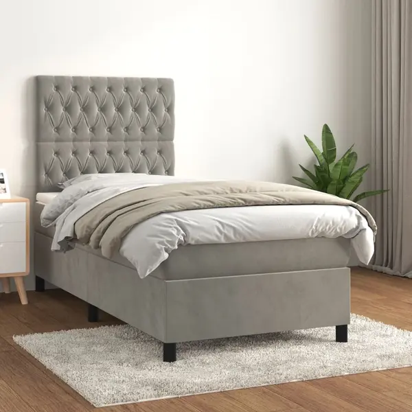 Gossi pat box spring cu saltea, gri deschis, 100x200 cm, catifea