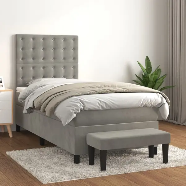 Gossi pat box spring cu saltea, gri deschis, 100x200 cm, catifea