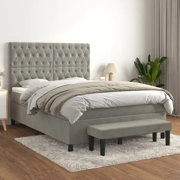 Gossi pat box spring cu saltea, gri deschis, 140x190 cm, catifea