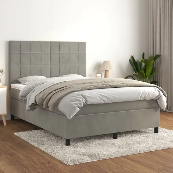 Gossi pat box spring cu saltea, gri deschis, 140x190 cm, catifea