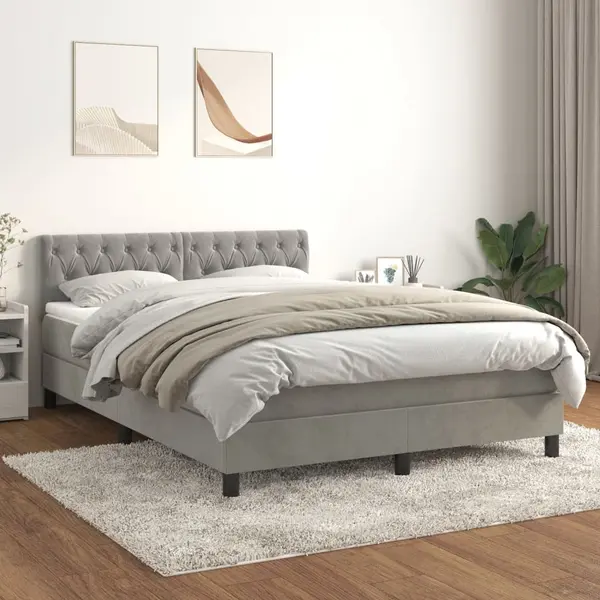 Gossi pat box spring cu saltea, gri deschis, 140x190 cm, catifea