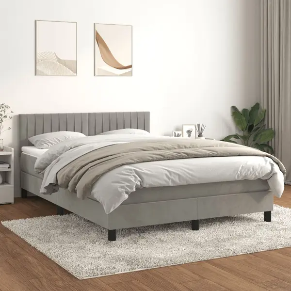 Gossi pat box spring cu saltea, gri deschis, 140x190 cm, catifea