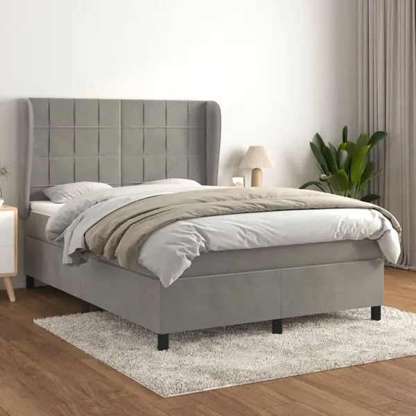 Gossi pat box spring cu saltea, gri deschis, 140x190 cm, catifea