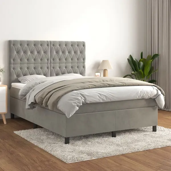Gossi pat box spring cu saltea, gri deschis, 140x190 cm, catifea
