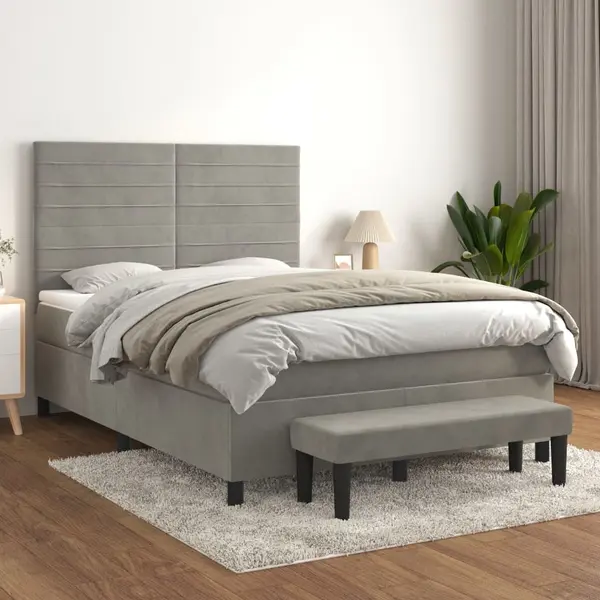 Gossi pat box spring cu saltea, gri deschis, 140x190 cm, catifea