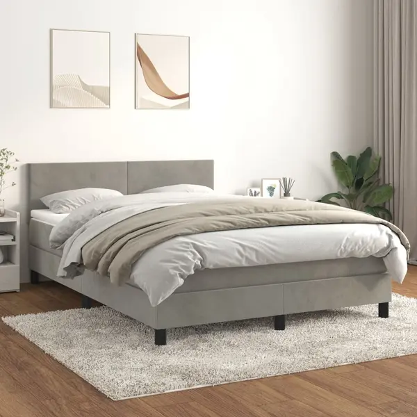Gossi pat box spring cu saltea, gri deschis, 140x200 cm, catifea