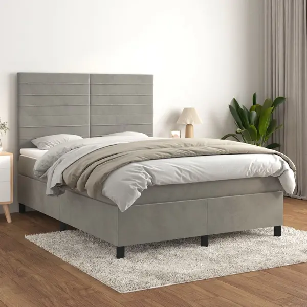 Gossi pat box spring cu saltea, gri deschis, 140x200 cm, catifea