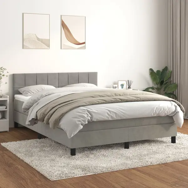 Gossi pat box spring cu saltea, gri deschis, 140x200 cm, catifea