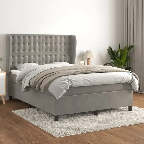 Gossi pat box spring cu saltea, gri deschis, 140x200 cm, catifea